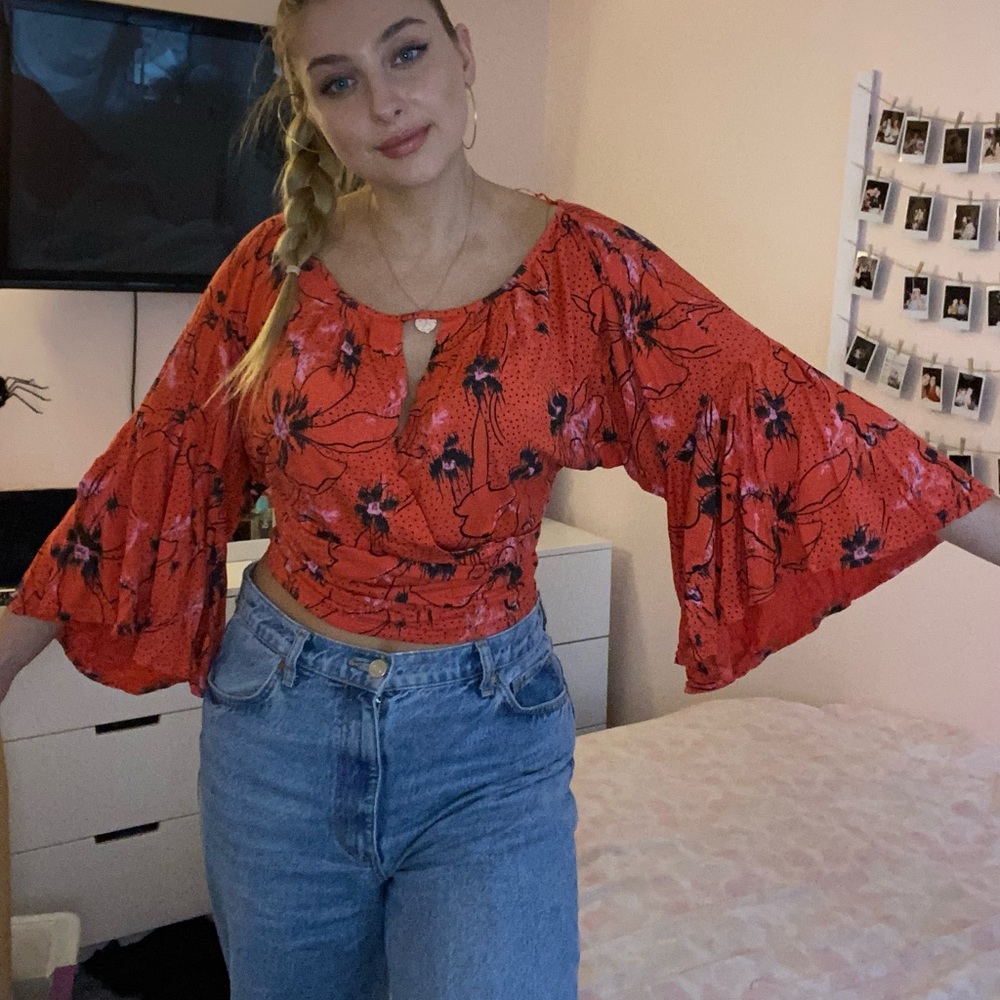 Red floral long sleeve Free People top